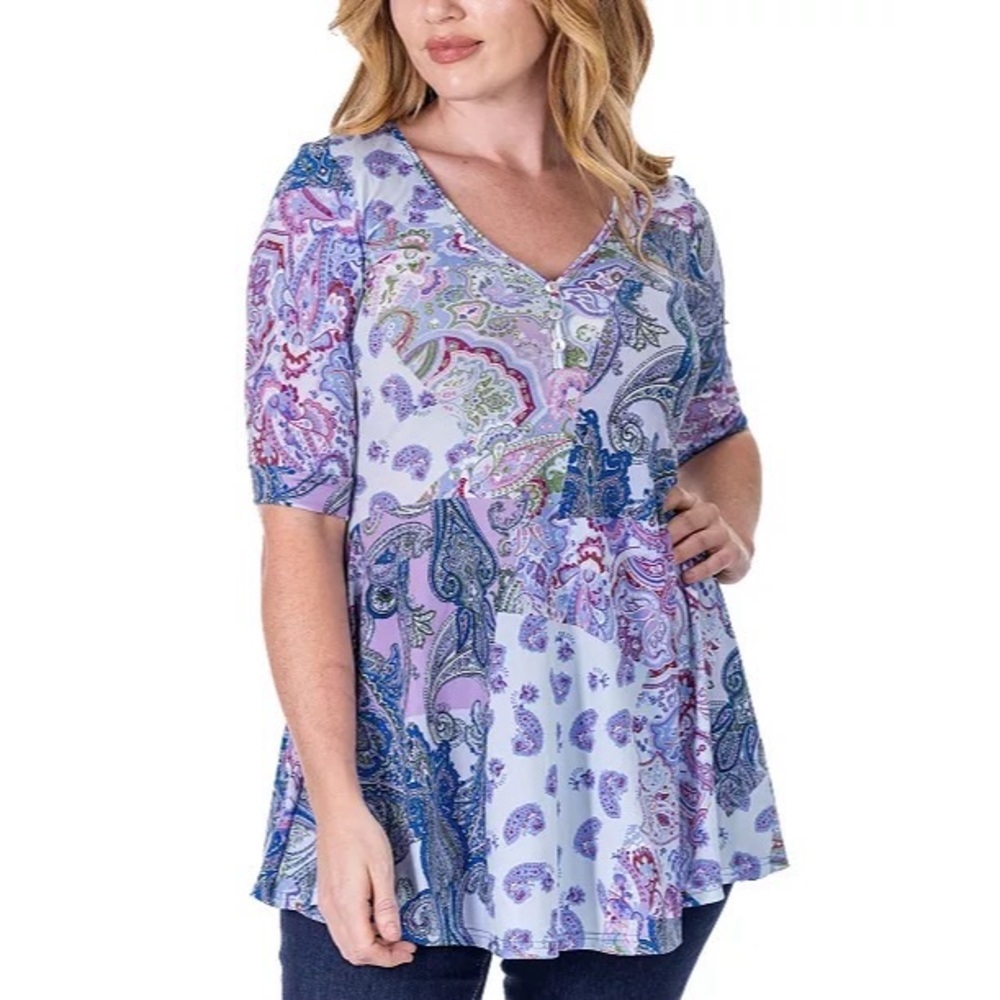 24seven Comfort Apparel Print Elbow Sleeve V Neck Henley Tunic Top Size 1X